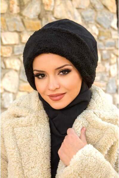 Aişe tesettür Siyah Kürk Aksesuarlı Tesettür Bere