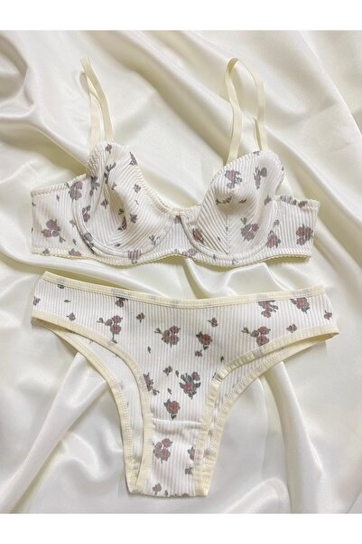 dem merys Miniş Ecru Flower Patterned Underwire Cotton Combed Bra Set (Bra Kilot)