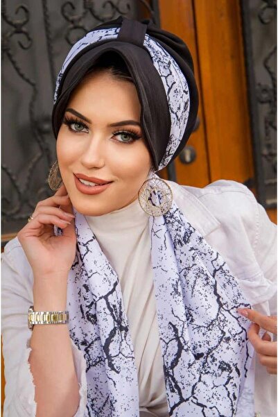 Aişe tesettür Siyah Beyaz Batik Desen Fularlı Şapka Bone