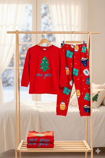 ROSAMİNA Kız Çocuk %100 Pamuklu Yılbaşı Ağaç Desen Pijama Takımı