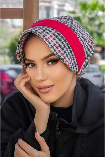 Aişe tesettür Red Houndstooth Garnished Hat Bonnet