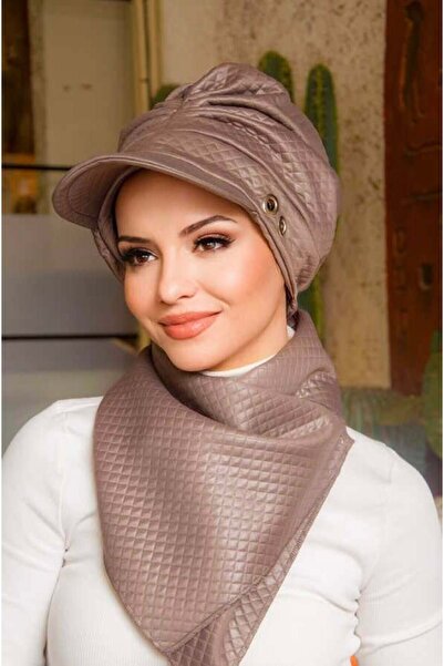 Aişe tesettür Σετ Καπέλο και Ετόλ με Μεταλλική Λεπτομέρεια Μινκ με Κορδόνι Περιτύλιξης