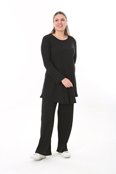 Şans Γυναικείο Μαύρο Παντελόνι Μπλούζας Plus Size Σετ 65N37701