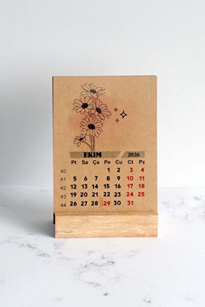 Mapi 2026 Ahşap Ayaklı Minimalist Çiçek Tasarımlı Kraft Karton Vintage Takvim