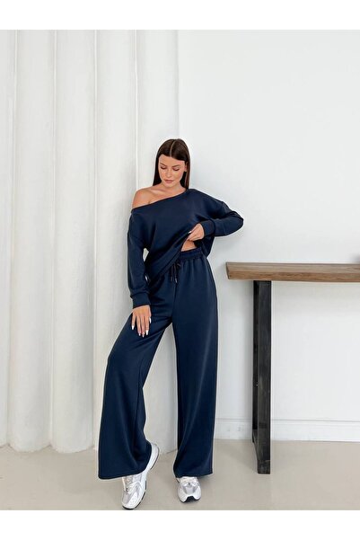 DESTEMIRA Modal Kumaş Oversize Kesim Düşük Omuz Bluz Yüksek Bel Cepli Pantolonlu Spor Takım