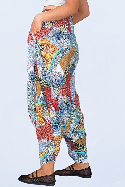 Genel Markalar BOHEM TARZ ÇOK RENKLİ VİSKON KUMAŞ ÇİFT CEPLİ KADIN ŞALVAR