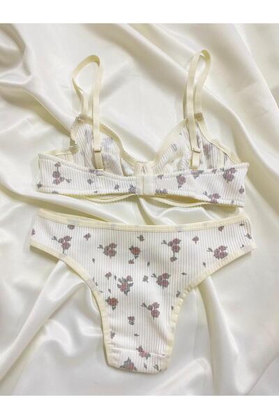 dem merys Miniş Ecru Flower Patterned Underwire Cotton Combed Bra Set (Bra Kilot)