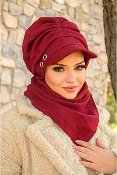 Aişe tesettür Bordo Metal Detaylı Büzgülü Tesettür Şapka Ve Etol Takım