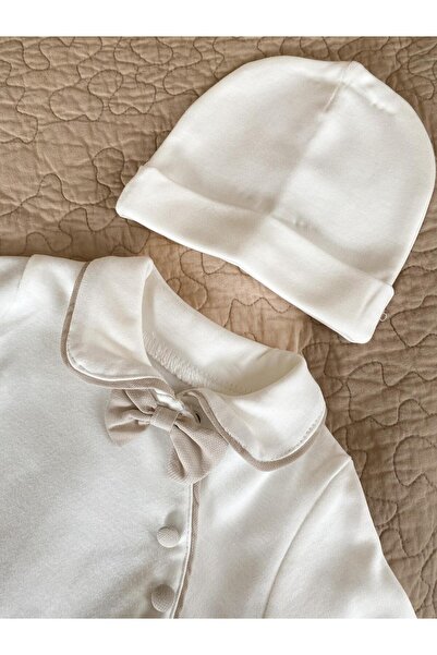 O Baby Smoking Suit with Bow Tie Baby Boy Romper & Hat - Ecru - 0-3-6 Months - 100% Cotton