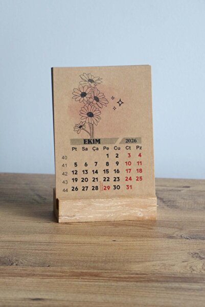 Mapi 2026 Ahşap Ayaklı Minimalist Çiçek Tasarımlı Kraft Karton Vintage Takvim