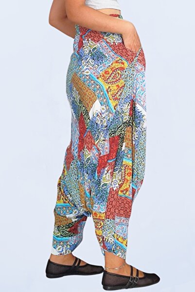 Genel Markalar BOHEM TARZ ÇOK RENKLİ VİSKON KUMAŞ ÇİFT CEPLİ KADIN ŞALVAR