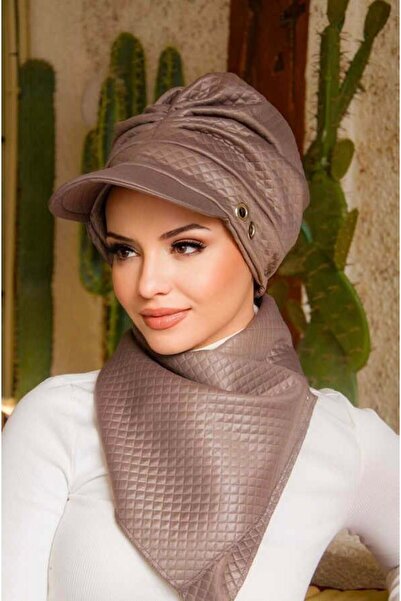 Aişe tesettür Σετ Καπέλο και Ετόλ με Μεταλλική Λεπτομέρεια Μινκ με Κορδόνι Περιτύλιξης