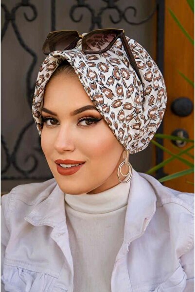 Aişe tesettür Camel Leopar Fularsız Şapka Bone