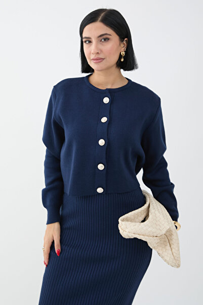 InStyle Súprava pleteného kardigánu s dvojitým rebrovaním v tmavomodrej farbe