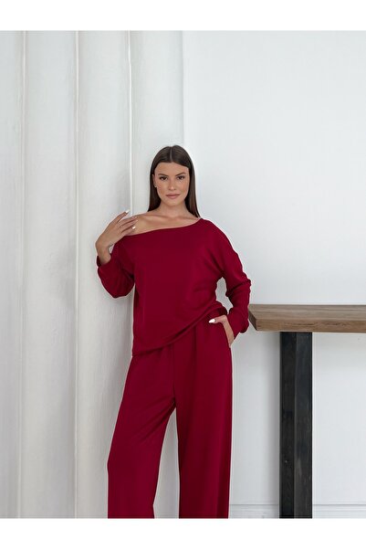 DESTEMIRA Modal Fabric Oversize Cut One Shoulder Open Blouse High Waist Pocket Pants Sports Suit