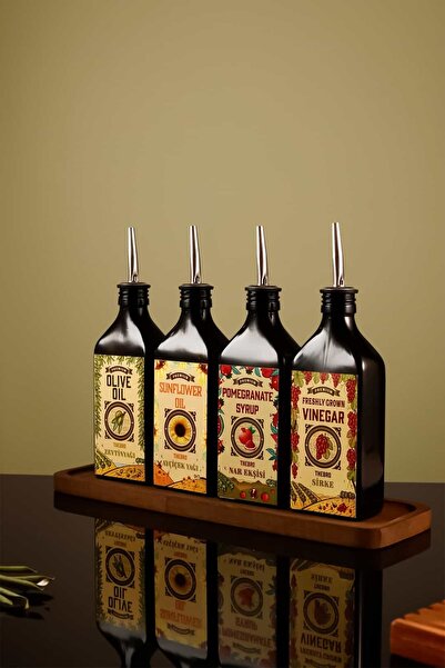 TheBRo 250ml Carmen Series Olive Oil, Sunflower Oil, Pomegranate Syrup, Vinegar Bottle Set with Wooden Stand