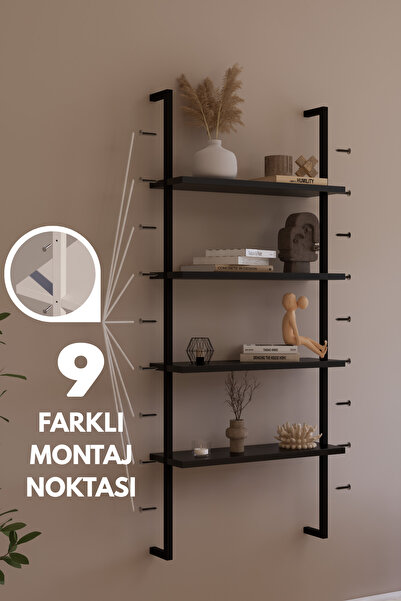 Phobia Modüler Model 4 Raflı Duvara Monte Kitaplık Duvar Rafı Aksesuar Rafı Siyah Raf 411