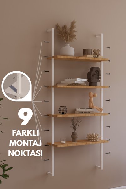 Phobia Solto Home OB4-44 Duvara Monte Modüler 4 Raflı Beyaz Metal Kitaplık-Meşe Duvar Rafı - Reyon - Ofis