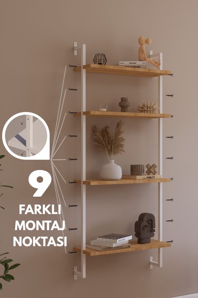 Phobia Solto Home OB4-44 Duvara Monte Modüler 4 Raflı Beyaz Metal Kitaplık-Meşe Duvar Rafı - Reyon - Ofis