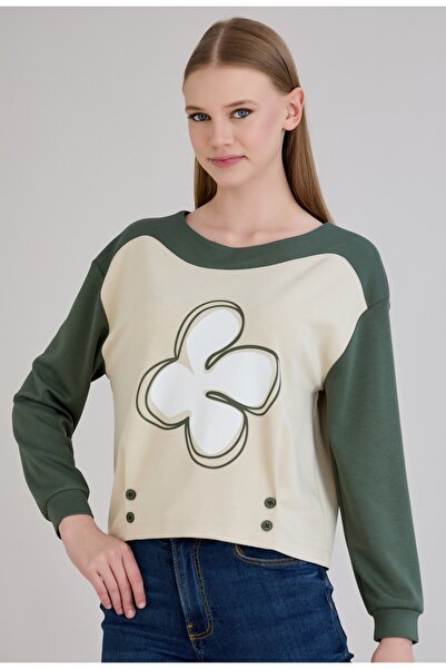 Sortie Bluză modală kaki cu cu imprimeu nasturi, cu detalii în guler rotund culori contrastante