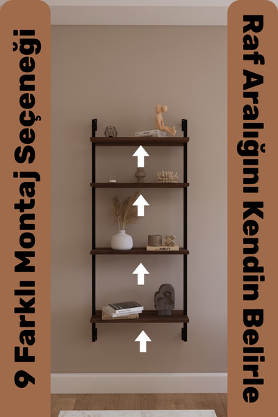 Phobia Modüler Model 4 Raflı Duvara Monte Kitaplık Duvar Rafı Aksesuar Rafı Ceviz Raf 412