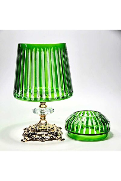 Kristal Market Handmade Cut Crystal Mercury Vertical Pattern Decorative Presentation Holder with Lid Napkin Holder Green