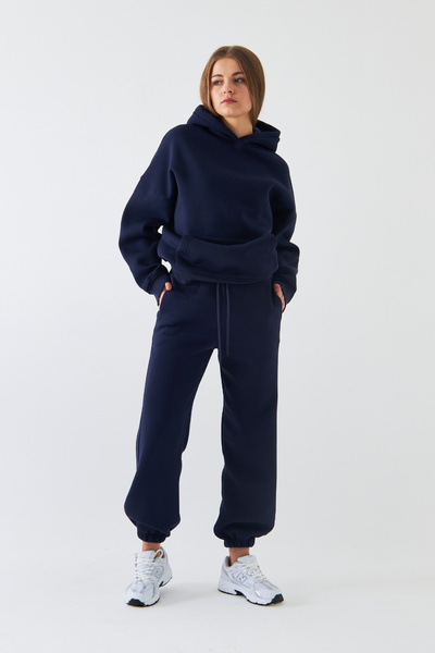 The Champ Clothing Σετ αθλητικής φόρμας Oversize Unisex Navy Blue – Basic, 3 Thread Fleece; Φούτερ με κουκούλα, ελαστικό κάτω μέρος