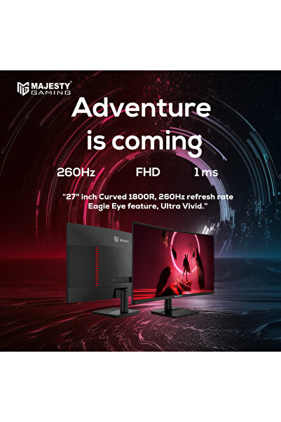 majesty شاشة ألعاب منحنية مقاس 27 بوصة، 1800R، دقة FHD 1080P، VA، 260 هرتز، 1 مللي ثانية، HDR