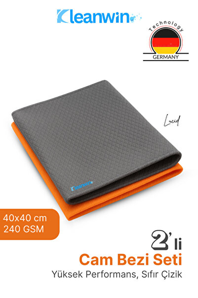 Kleanwin 2’li 40x40Cm Lucid Mikrofiber Araba Cam Bezi Seti – Gri ve Turuncu, ...
