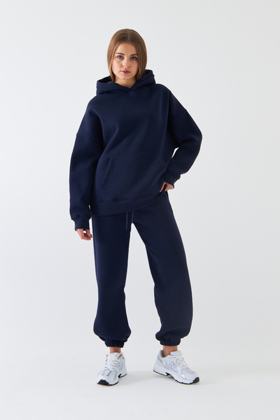 The Champ Clothing Σετ αθλητικής φόρμας Oversize Unisex Navy Blue – Basic, 3 Thread Fleece; Φούτερ με κουκούλα, ελαστικό κάτω μέρος