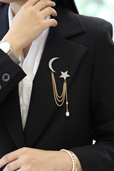 Fatma yaşar Gold İncili Ay Yıldız Broş