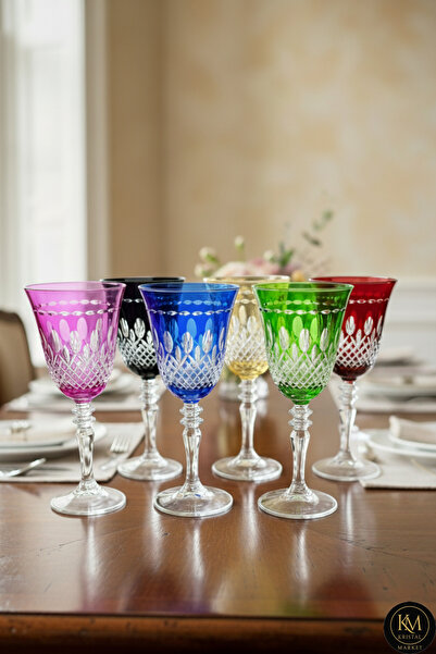 Kristal Market El Yapımı Kristal Damla Renkli Lüks Ayaklı Kadeh Takım 6 Parça