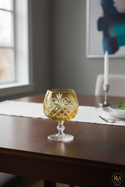 Kristal Market El Yapımı Kristal Bohemia Sarı Dekoratif Sunumluk Ayaklı Kadeh...