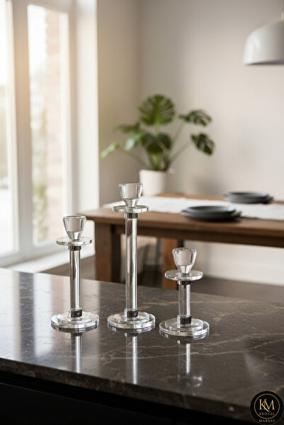Kristal Market El Yapımı Kristal Desenli Dekoratif Mumluk Takımı 3'lü