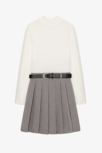 Quzu Combined Belted Pleated Mini Dress Ecru