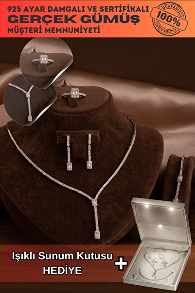 OSMANLI GÜMÜŞ Kadın Gümüş Takı Seti - Süreyya Baget Taşlı Kare Kolye Bileklik...