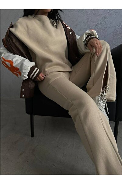 lovebox Trening supradimensionat pentru damă, cu picior despicat, Jogging, bej, dublu, 1270