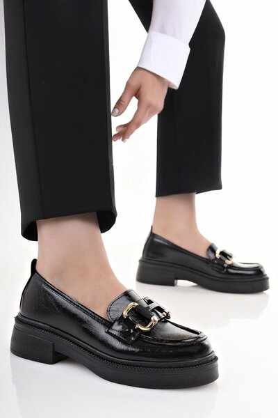 BAHRİNA SİYAH KIRIŞIK RUGAN ZİNCİR TOKA LOAFER AYAKKABI