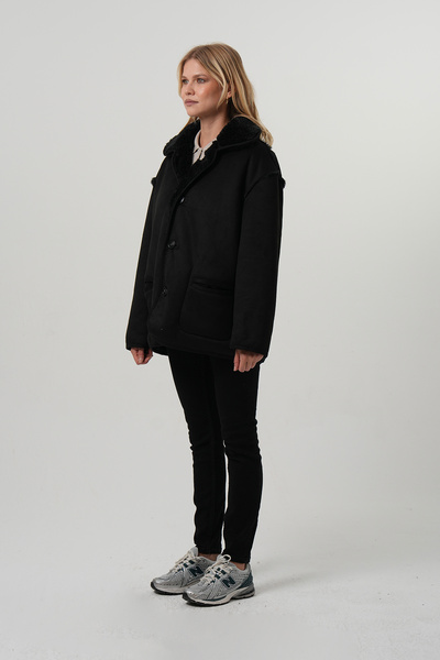 PIQUE Γυναικείο παλτό με βελούδινη επένδυση Γυναικείο σουέτ μαύρο παλτό