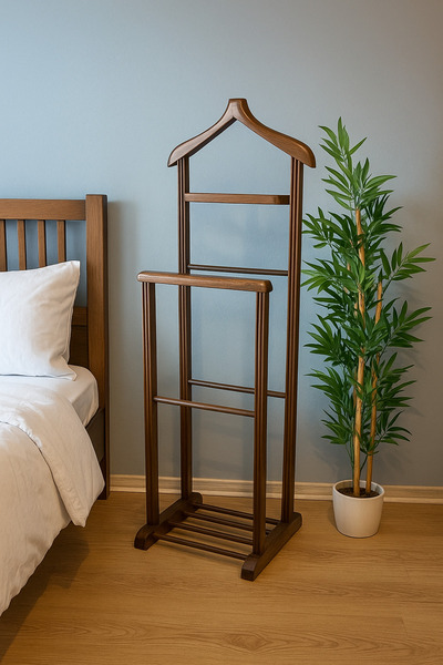 Reyo Ahşap Dilsiz Uşak Siyah Renk Çift Tepeli Ayaklı Askı Ceviz