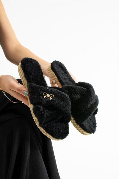 Moda Devrin Чорна стрічка-застібка Плюшеві зимові жіночі капці