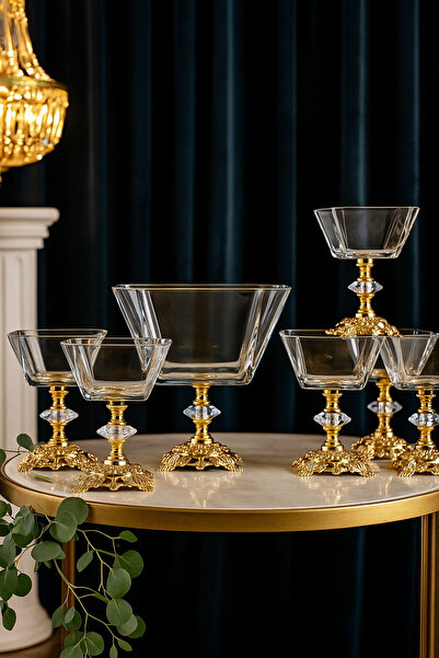 PLT Design 7 Pieces Large Size Salad - Gold Detailed Glass Magnolia Ice Cream Rack