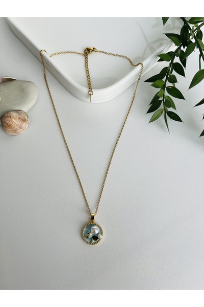 Fynbos Stainless Tarnish Free 316L Steel Pearl Vintage Painting Gold Zircon Stone Chain Necklace