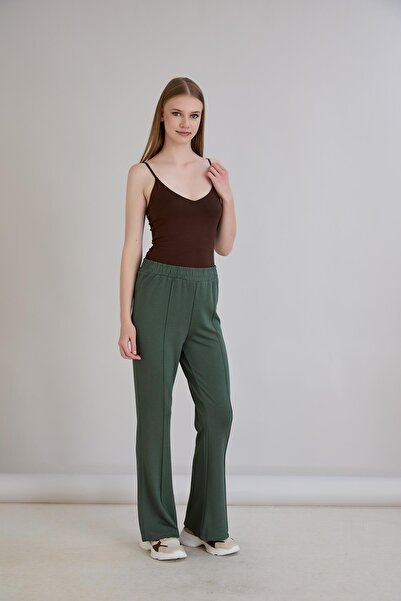Sortie Women's Ribbed Elastic Waist Wide Leg Khaki Trousers