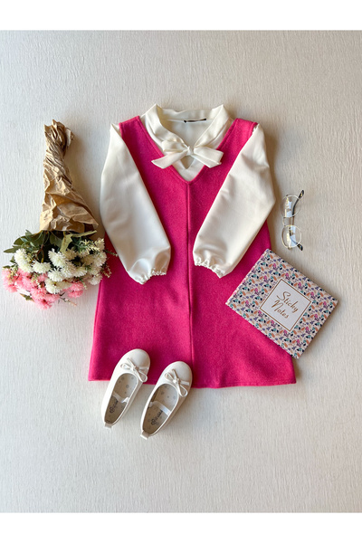 KÜÇÜĞÜM BUTİK Kız Çocuk Pembe Kaşe Kışlık V Yaka Jile Elbise