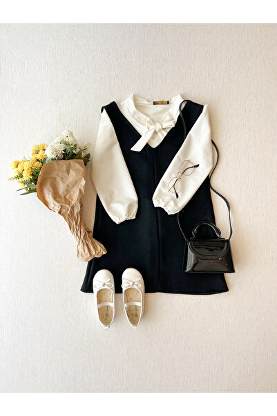 KÜÇÜĞÜM BUTİK Kız Çocuk Siyah Kaşe Kışlık V Yaka Jile Elbise