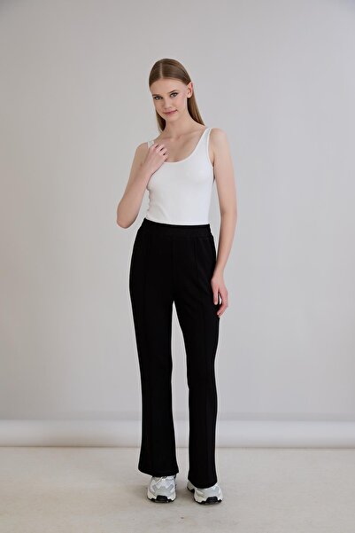 Sortie Women's Ribbed Elastic Waist Wide Leg Black Trousers