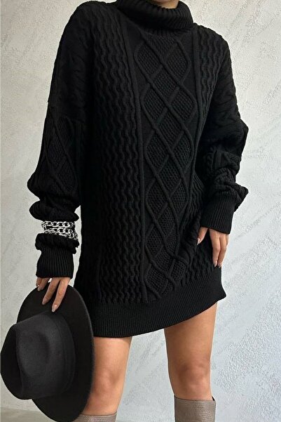 bayansepeti Pulover tricotat cu guler supradimensionat, negru, pentru femei 5243