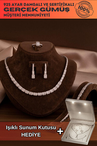 OSMANLI GÜMÜŞ Kadın Gümüş Takı Seti - Mehtap Baget Taşlı Kolye, Bileklik, Yüz...