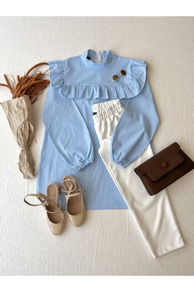 KÜÇÜĞÜM BUTİK Blue Polka Dot Frilly Poplin Tunic